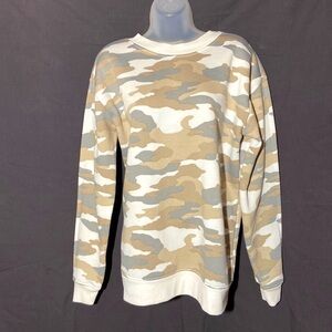 If It Were Me: Brown, Gray & Cream Oversized Camouflage Sweatshirt. Size Medium.